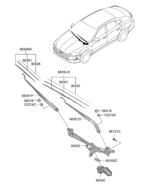 2022 Hyundai Sonata Hybrid Wiper Blade Assembly,Passeger Diagram for 98360-D4000