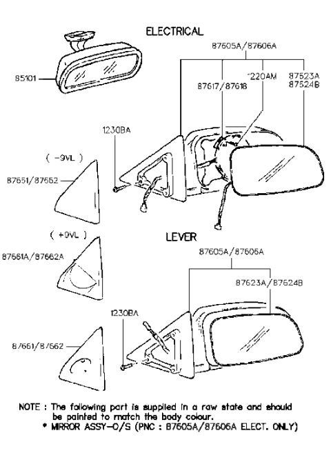 1994 Hyundai Sonata Mirror-Outside Rear View Diagram