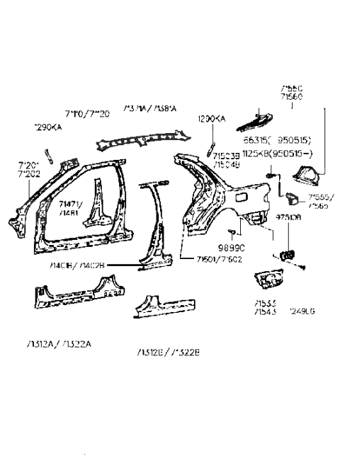 1998 Hyundai Sonata Pillar Assembly-Center Inner,RH Diagram for 71481-34000