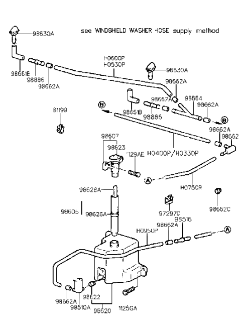 1994 Hyundai Sonata Windshield Washer Reservoir Assembly Diagram for 98620-34500