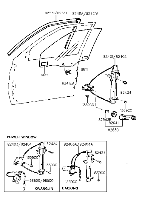 1993 Hyundai Sonata Front Left Power Window Regulator Assembly Diagram for 82403-34011