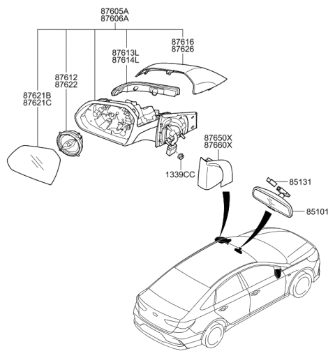 2019 Hyundai Sonata Hybrid Mirror-Outside Rear View Diagram