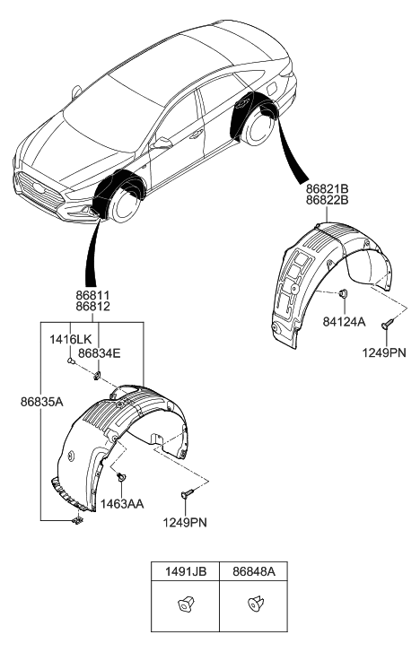 2019 Hyundai Sonata Hybrid Front Wheel Guard Assembly,Right Diagram for 86812-E6510