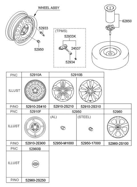 2012 Hyundai Tucson Steel Wheel Assembly Diagram for 52910-2S410