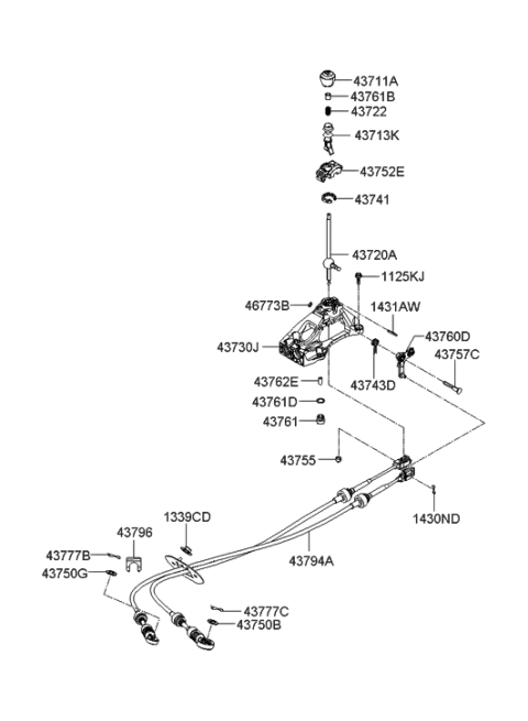 2007 Hyundai Sonata Manual Transmission Lever Cable Assembly Diagram for 43794-3K100