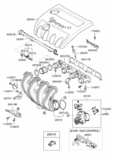 2007 Hyundai Sonata Engine Cover Assembly Diagram for 29240-25021