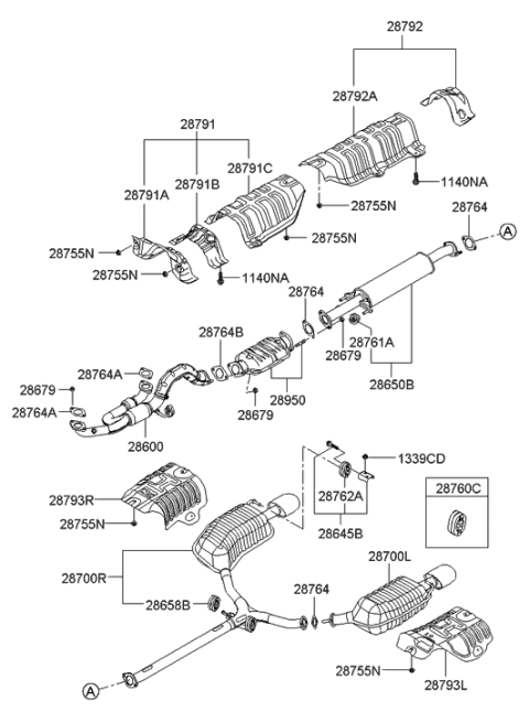 2007 Hyundai Sonata Center Exhaust Pipe Diagram for 28650-3K160