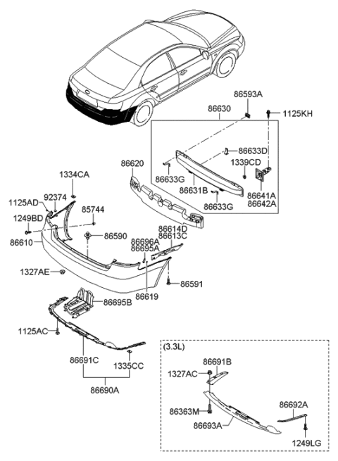 2007 Hyundai Sonata Rail-Rear Bumper Diagram for 86631-3K010