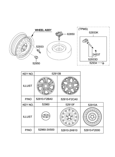 2019 Hyundai Elantra Aluminium Wheel Assembly Diagram for 52910-F2DA0