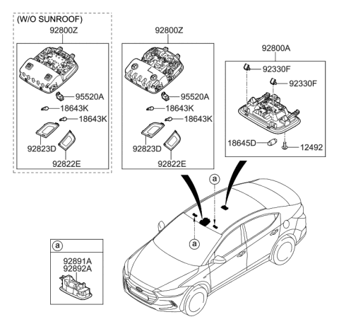 2016 Hyundai Elantra Overhead Console Lamp Assembly Diagram for 92800-F3011-TTX