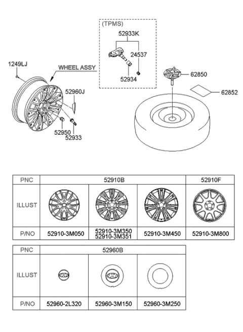 2010 Hyundai Genesis Aluminium Wheel Hub Cap Assembly Diagram for 52960-3M550