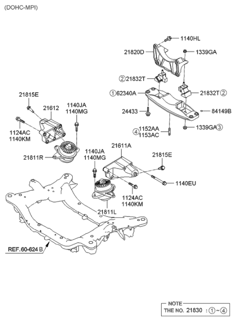 2008 Hyundai Genesis Transaxle Mounting Bracket Assembly Diagram for 21830-3M450