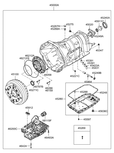 2008 Hyundai Genesis Reman Automatic TRANSAXLE & Torque Converter Assembly Diagram for 45000-49201--RW