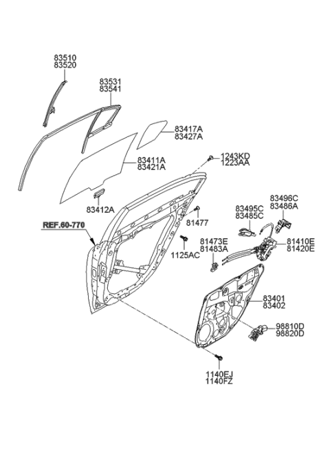 2014 Hyundai Genesis Rear Door Window Regulator & Glass Diagram
