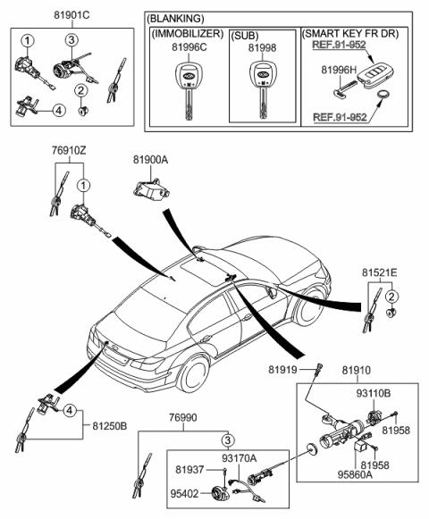 2011 Hyundai Genesis Key & Cylinder Set Diagram