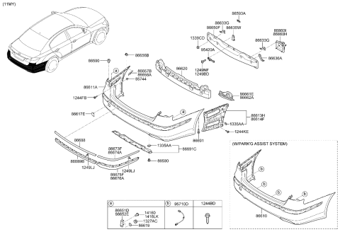 2011 Hyundai Genesis Clip Assembly-Rear Bumper Wheel Arch Diagram for 86656-3M000