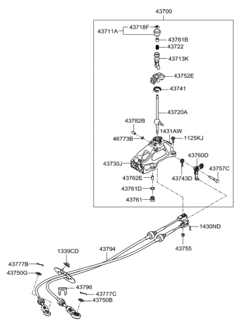 2010 Hyundai Sonata Manual Transmission Lever Cable Assembly Diagram for 43794-3Q100