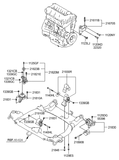2012 Hyundai Sonata Transaxle Mounting Bracket Assembly Diagram for 21830-2T050