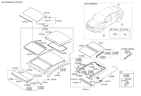 2010 Hyundai Sonata Panoramaroof Front Glass Panel Assembly Diagram for 81620-3S000