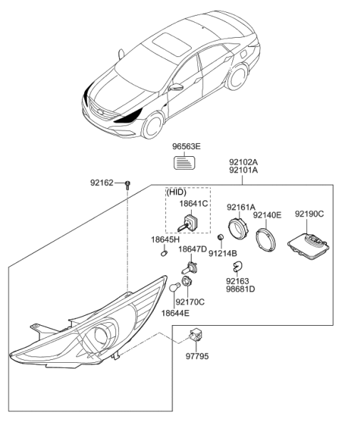 2010 Hyundai Sonata Passenger Side Headlight Assembly Composite Diagram for 92102-3Q100