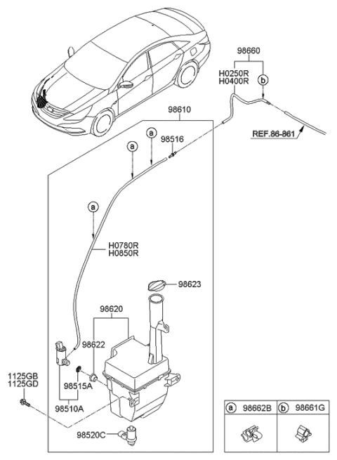 2011 Hyundai Sonata Windshield Washer Motor & Pump Assembly Diagram for 98510-2M500