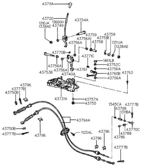 1998 Hyundai Accent Manual Transmission Lever Cable Assembly Diagram for 43794-22000