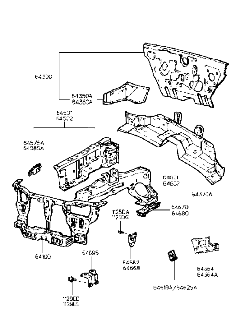 1994 Hyundai Accent Fender Apron & Radiator Support Panel Diagram