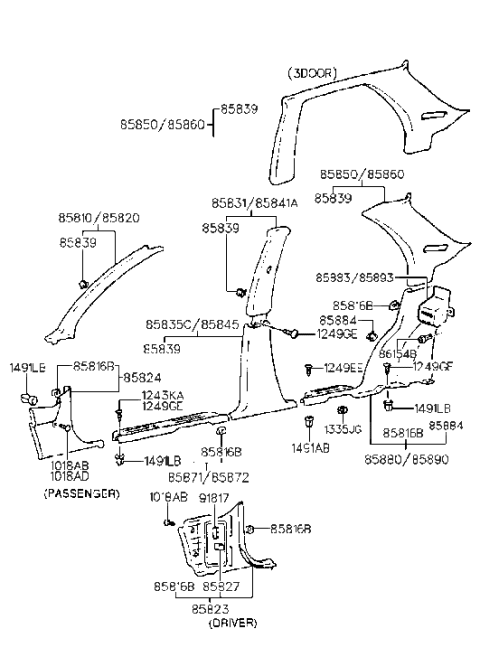1998 Hyundai Accent Trim Assembly-Rear Wheel House LH Diagram for 85880-22200-FK