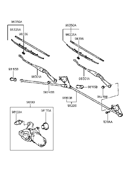 1996 Hyundai Accent Windshield Wiper Motor Assembly Diagram for 98100-22000