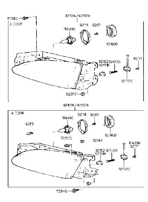 1997 Hyundai Accent Passenger Side Headlight Assembly Composite Diagram for 92102-22250