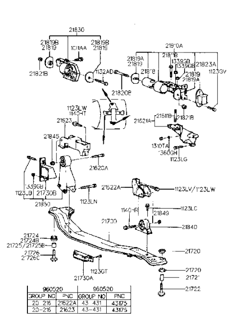 1999 Hyundai Accent Engine & Transaxle Mounting Diagram 1