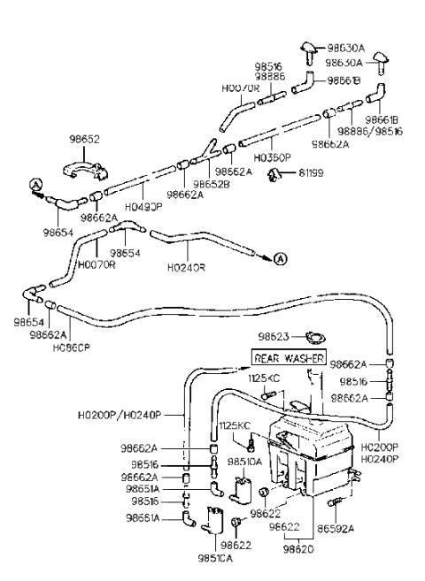 1995 Hyundai Accent Front Windshield Washer Sprayer Nozzle Assembly Diagram for 98630-22000