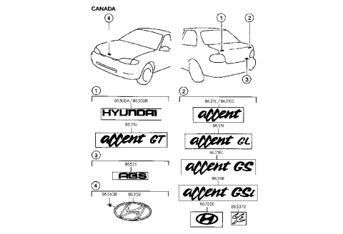 1994 Hyundai Accent Accent Gsi Emblem Diagram for 86311-22700-LP