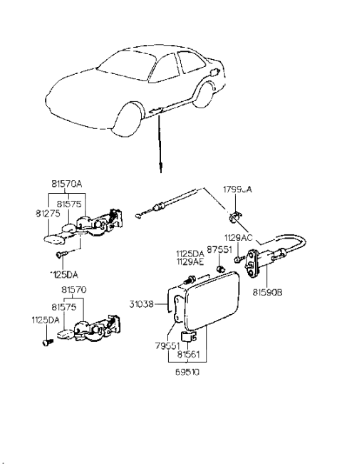 1995 Hyundai Accent Fuel Filler Door Assembly Diagram for 69510-22010