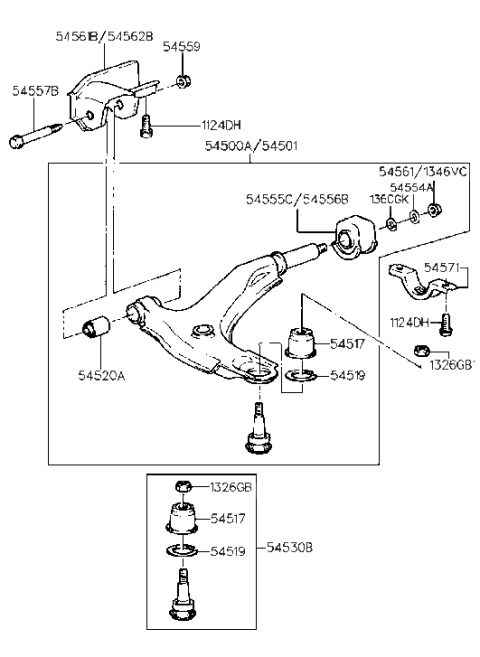 1999 Hyundai Accent Arm & Ball Joint Assembly-Lower,RH Diagram for 54501-22200