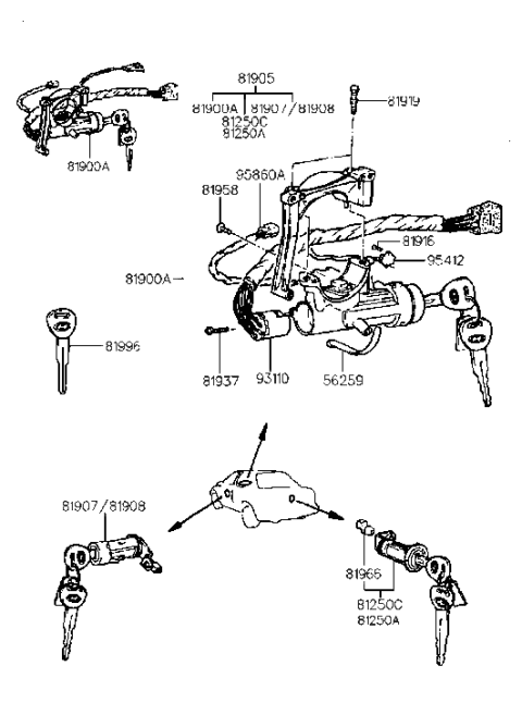1999 Hyundai Accent Lock Key & Cylinder Set Diagram for 81905-22B50