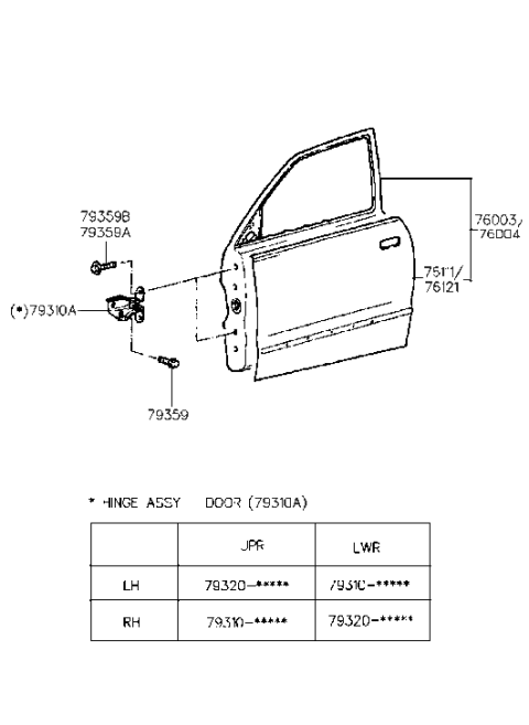 1995 Hyundai Accent Hinge Assembly-Front Door Diagram for 79320-22000