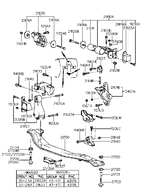 1996 Hyundai Accent Transaxle Mounting Bracket Assembly Diagram for 21830-22500