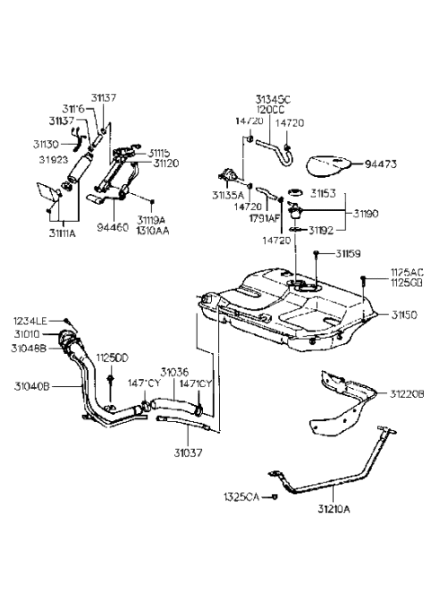 1994 Hyundai Accent Hose-Fuel Filler Neck Diagram for 31036-22900
