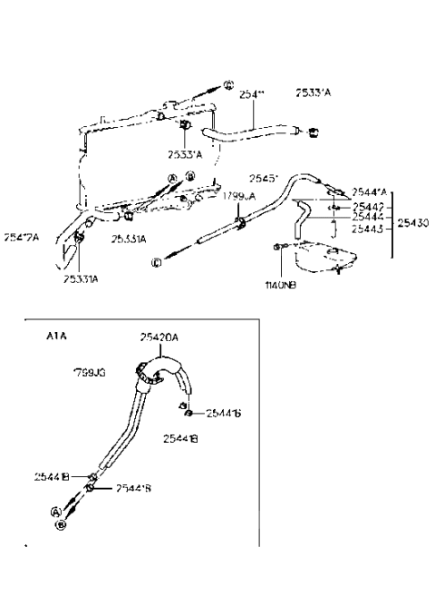 1998 Hyundai Accent Radiator Hose & Reservoir Diagram