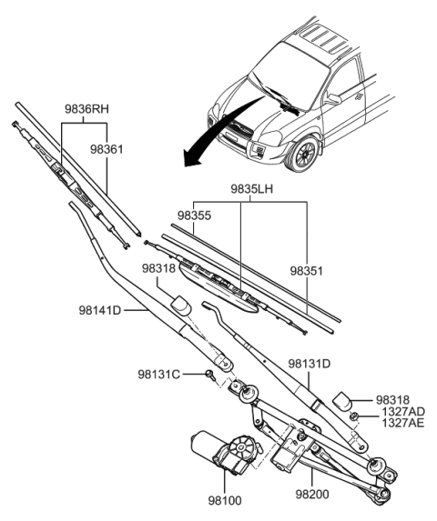 2006 Hyundai Tucson Wiper Blade Assembly,Driver Diagram for 98350-2E021