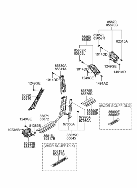 2006 Hyundai Santa Fe Trim Assembly-Center Pillar Lower LH Diagram for 85835-2B000-WK