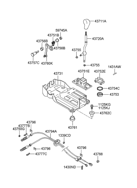 2002 Hyundai Sonata Manual Transmission Lever Cable Assembly Diagram for 43794-38502