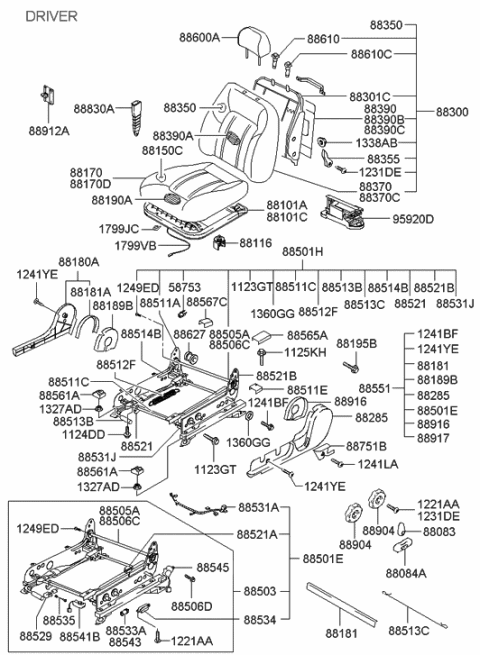 2001 Hyundai Sonata Front Driver Side Seat Cushion Covering Diagram for 88160-3D700-PDN