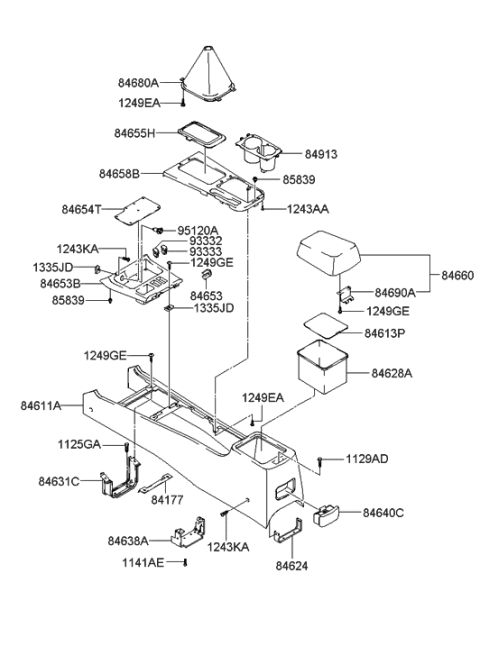 2004 Hyundai Sonata Console Armrest Assembly Diagram for 84660-3C505-LK