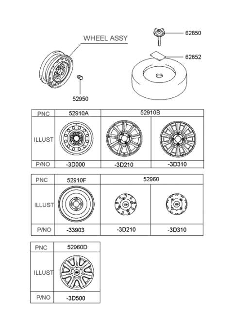 2003 Hyundai Sonata Steel Wheel Assembly Diagram for 52910-3D000