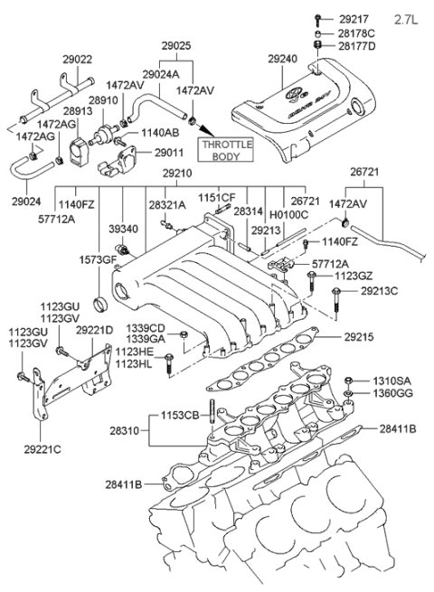 2004 Hyundai Sonata Engine Cover Assembly Diagram for 29240-38100