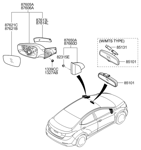 2014 Hyundai Elantra Glass Holder Assembly-Outside Rear View,LH Diagram for 87611-3X060