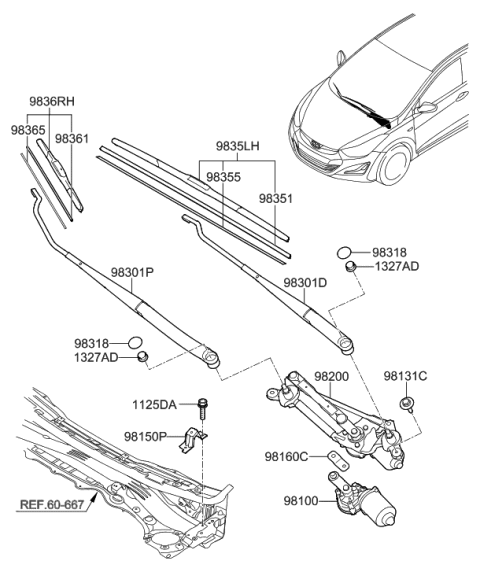 2015 Hyundai Elantra Windshield Wiper Motor Assembly Diagram for 98110-3X000