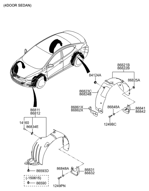 2015 Hyundai Elantra Front Wheel Mud Guard Assembly, Left Diagram for 86831-3X000